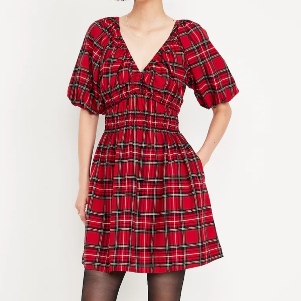 Old Navy Waist-Defined Mini Dress Red Tartan